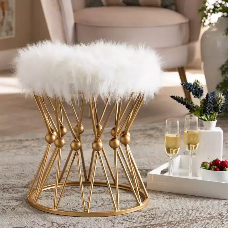 Faux Fur Upholstered Metal Ottoman White/Gold