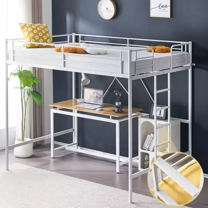 Full Metal Loft Bed for Kids, Loft Bunk Bed Frame with Stairs/Flat Ladder Rung, No Box Spring Required, White