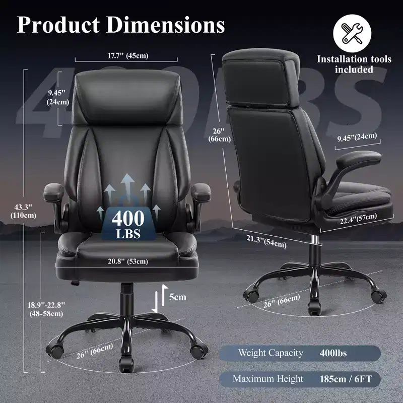 KERDOM Leather Office Chair, Big and Tall Office Chair Executive Breathable PU Computer Chair with Lumbar Support, Black