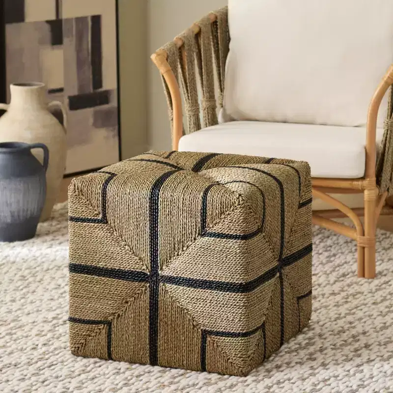 Liatasha Woven Seagrass Ottoman - CWK2023 - Natural/Black - Safavieh Couture