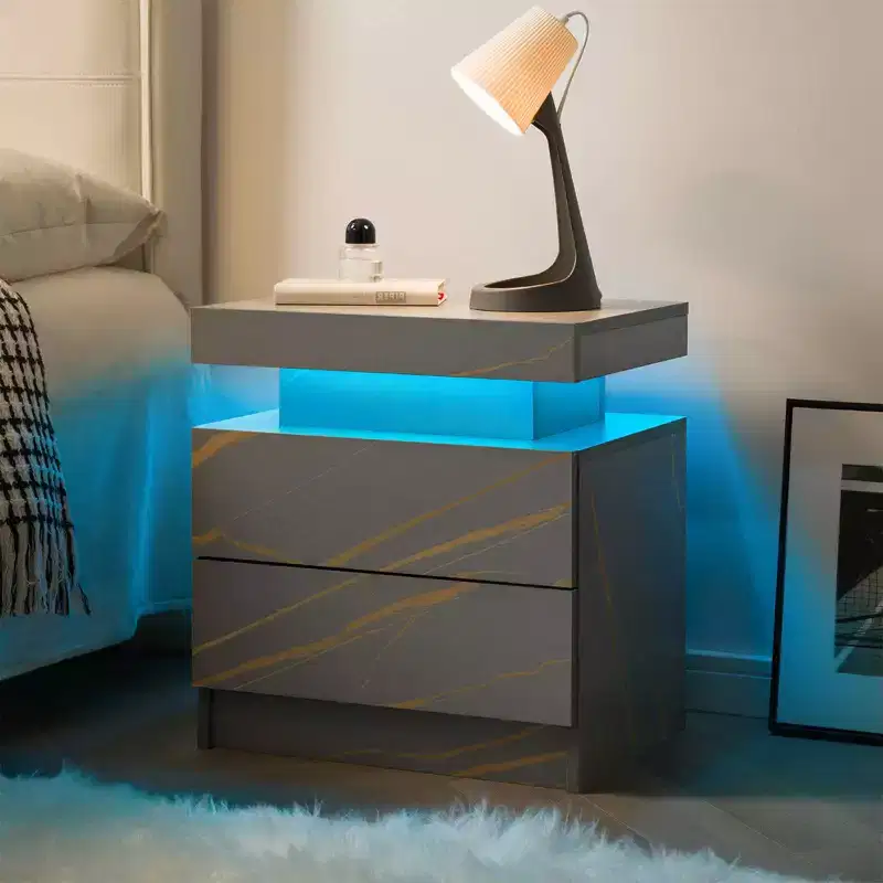 Nightstand Bedside Table with 2 Drawers Modern End Side for Bedroom Gray Gold