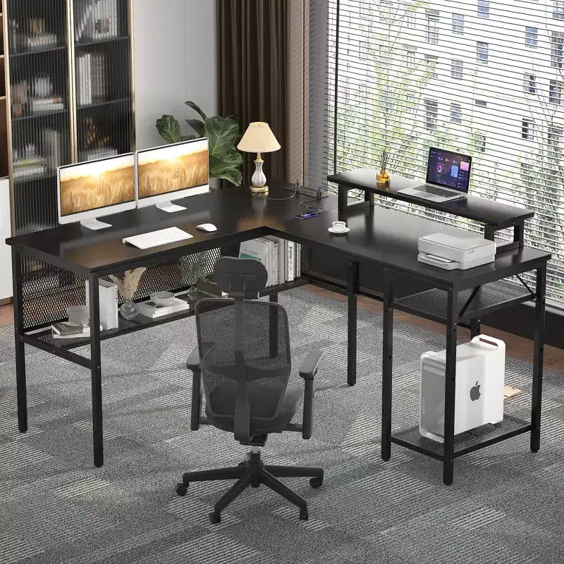 Besiost L Shape Desk with Charging Station, Computer Corner Desk with LED Light and Open Storage Shlves