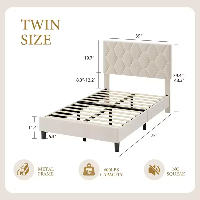 Garvee Upholstered Bed, Heavy-Duty Platform w/Wood Slats, No Box Spring/Noise-Free/Easy Assembly