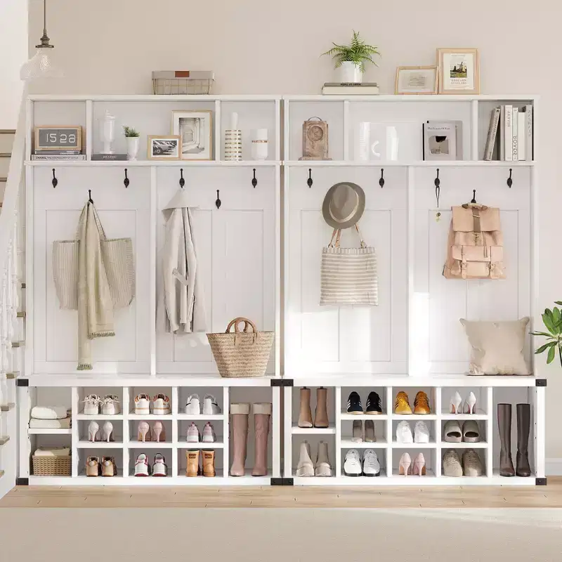 76 Inch Hall Tree with Bench and Shoe Storage, Farmhouse 4-in-1 Entryway Bench with Coat Rack and 6 Hooks, Adjustable Shelf, Mudroom Bench