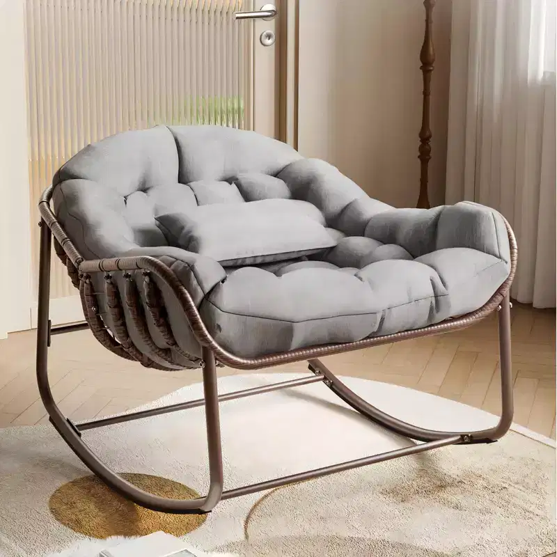 Outdoor Rocking Chair, Oversized Patio Egg Chair with Padded Cushion, Rattan Wicker Papasan Rocker for Indoor, Porch, Backyard