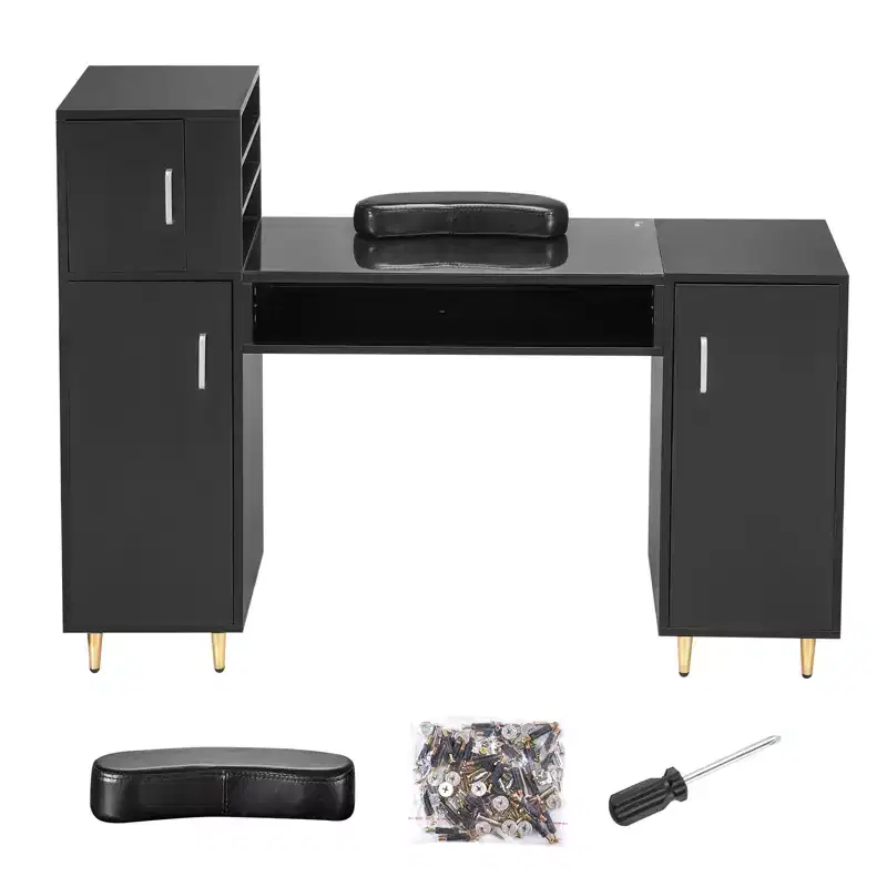 VEVOR Manicure Table, Glass Top Nail Desk, Makeup Dressing Nail Station with Storage Cabinets, Acetone-Resistant Nail Tech Table