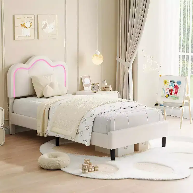Twin Upholstered Smart LED Bed Frame with Adjustable Headboard and Removable Light Strip, Velvet Princess Platform Bed Frame, Wooden Slats Support