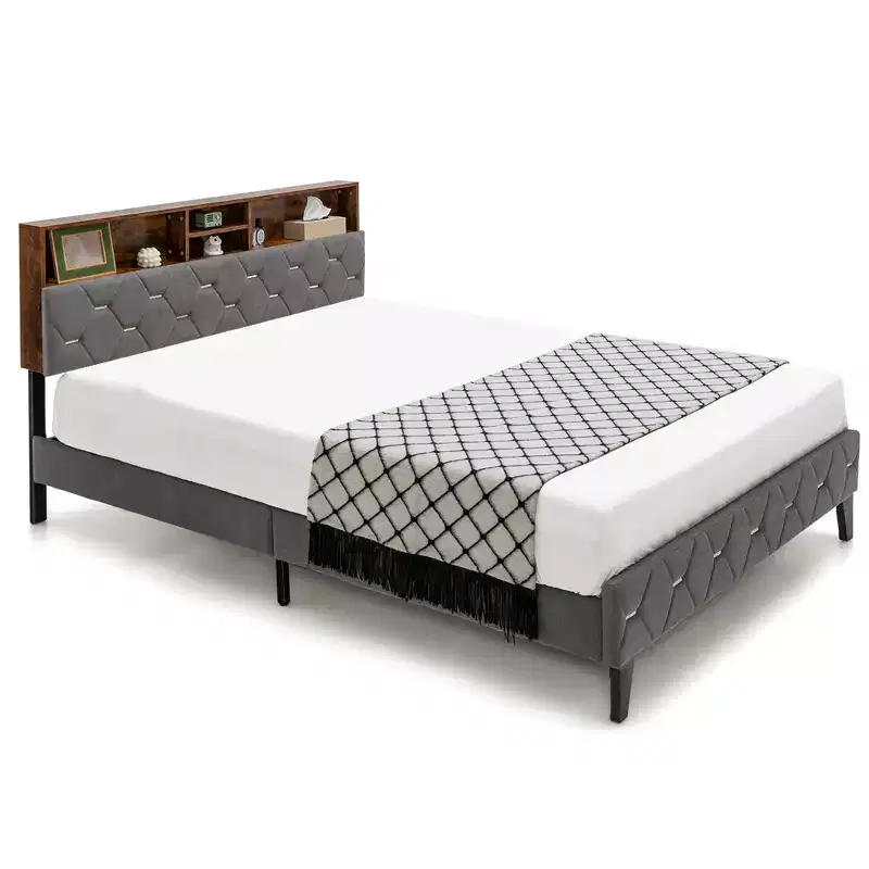 Bed Frame Upholstered Platform Mattress Foundation with Storage Headboard