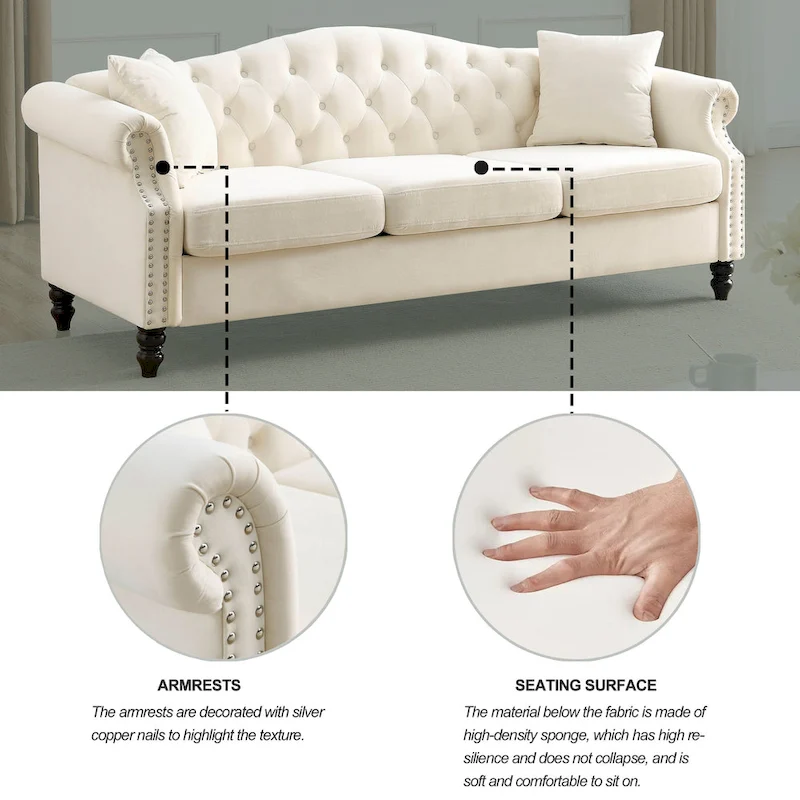 Chesterfield 3-Seater Upholstered Tufted Sofa with Rolled Arms and Nailhead