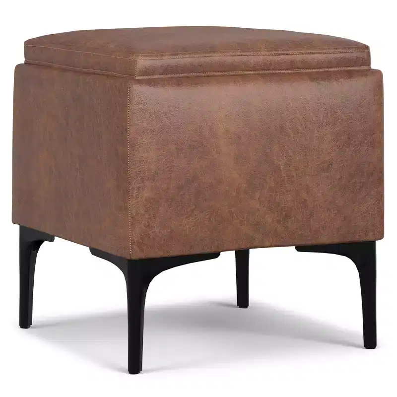 Evianna 18 inch Wide Contemporary Square Mid Century Storage Ottoman with Tray in Distressed Saddle Brown Vegan Faux Leather