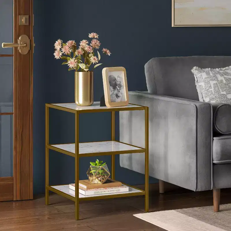 Faux Marble and Metal Side Table Gold - Threshold™: Brushed Gold Frame, 3-Tier Square Display