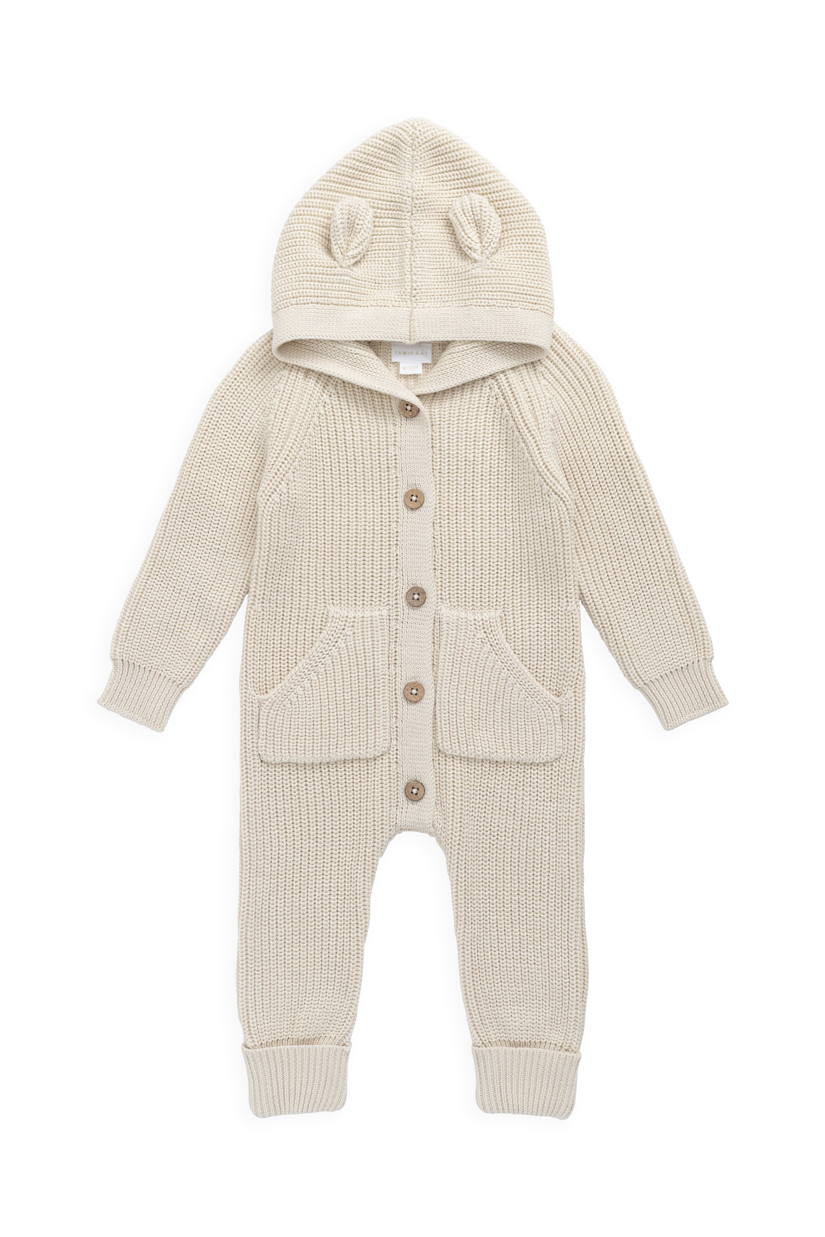 Cozy Vanilla Bear-Ear Hood 100% Cotton Knit Onepiece with Button Front & Pockets for Babies 0M–3Y