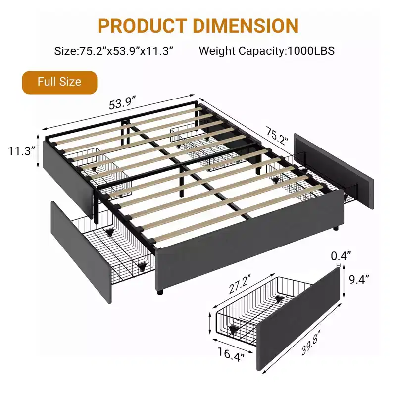 Full / Queen / King Platform Bed Frame with 4 Storage Drawers, Fabric Upholstered, No Box Spring, Wooden Slats, Noise Free, Easy Assembly, Dark Grey