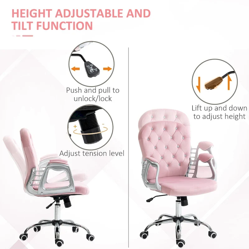 Vanity Middle Back Office Chair Tufted Backrest Swivel Rolling Wheels Task Chair with Height Adjustable Armrests