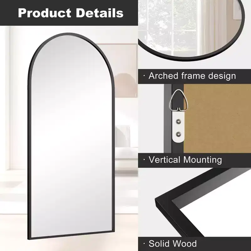 Solid Wood Straight Edge Right Angle Arch Black Full-Length Mirror 180x90x2 cm (Without Stand)