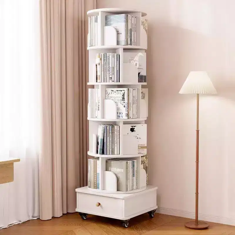 MAYEERTY 360 Display Corner Bookshelf for Small Space 6 Tier Bookcase Storage Rack with Wheels for Living Room Bedroom White