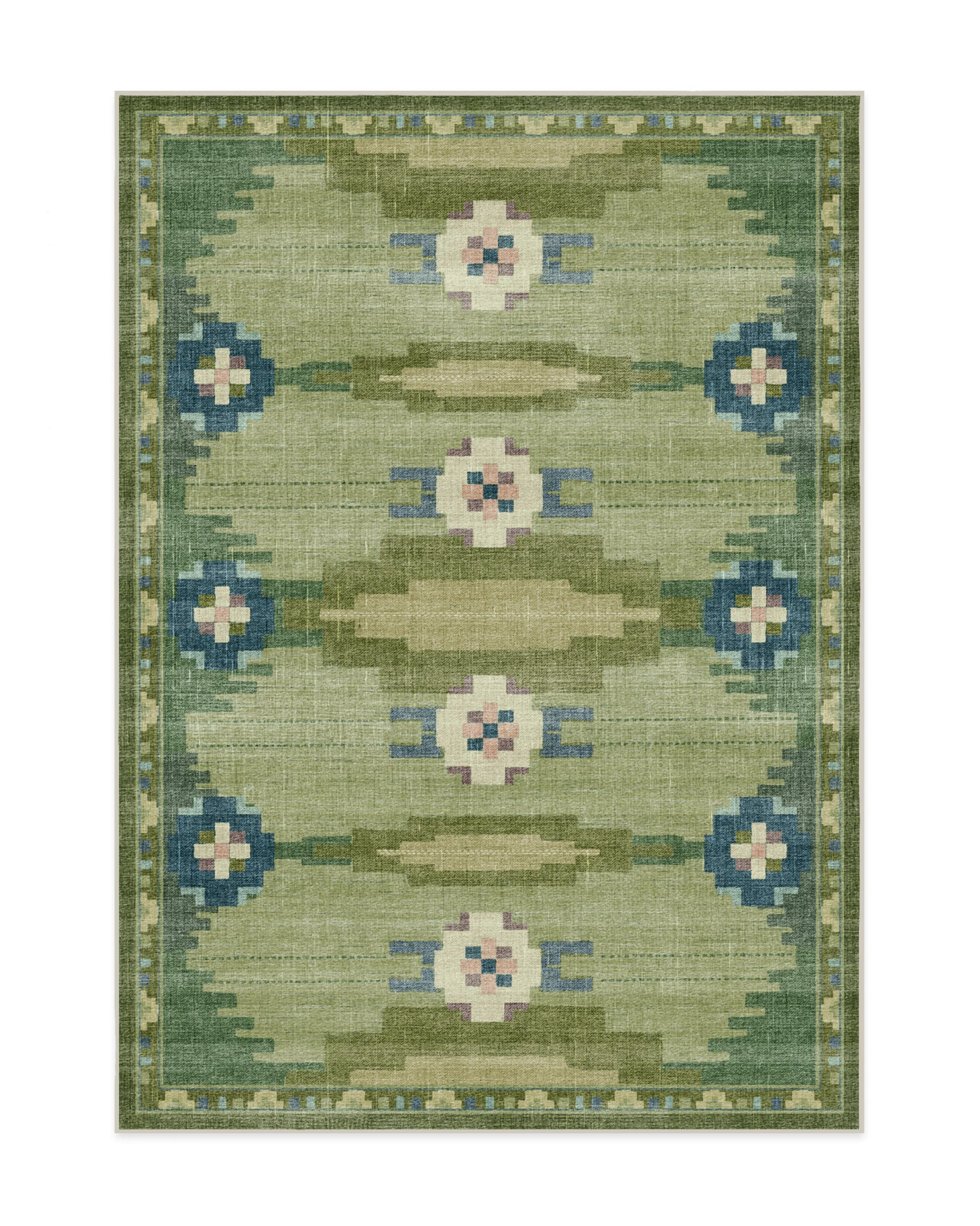 Nordic Folk Flatwoven Rug with Washable Fern Green Geometric Pattern for Living Room & Bedroom