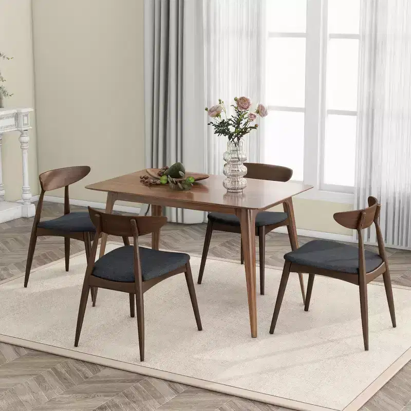 Modern Dining Set for 4, 5 Pieces Rectangular Solid Wood Table Set with 4 Upholstered Chairs for Small Space Kitchen