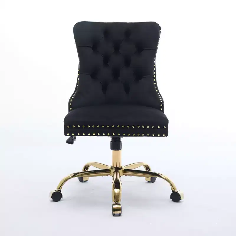 Adjustable Desk Chair Swivel Office Chair, Modern Velvet Upholstered Tufted Button Home Office Chair with Golden Metal Base (Black)