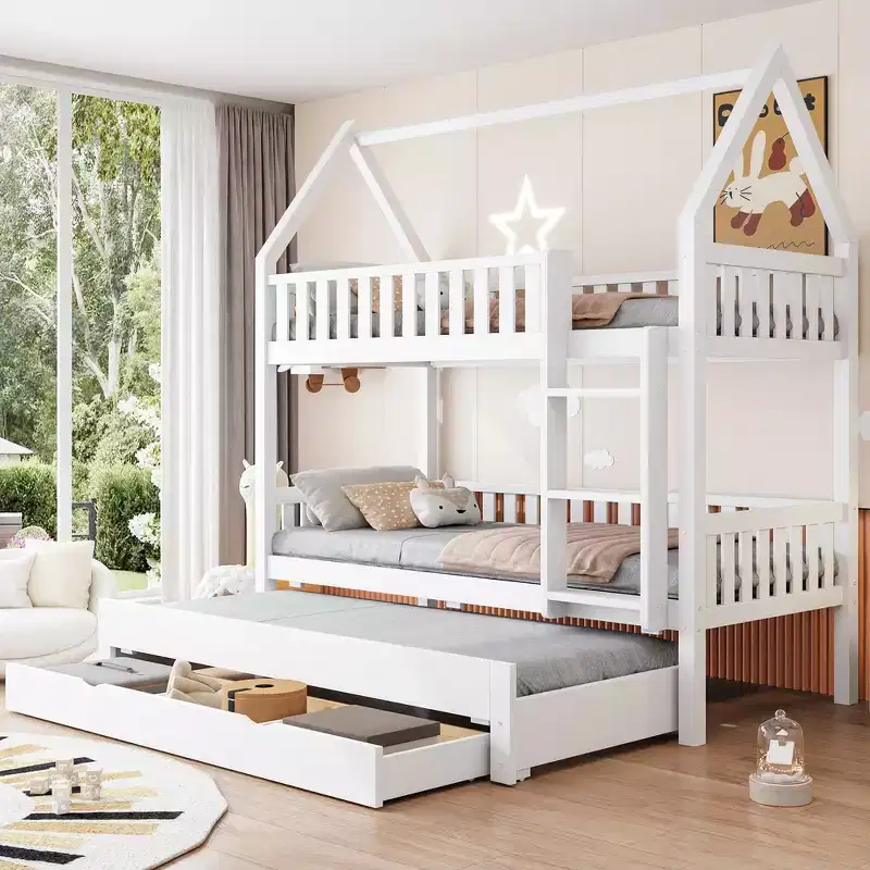Twin over Twin House Bunk Bed with Fence, Trundle & 3 Storage Drawers – White