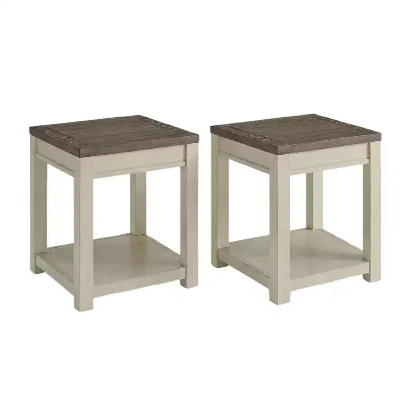 ROME + OAK Tate Farmhouse Wood End Table with Shelf, Brown and Cream, 2 Pack