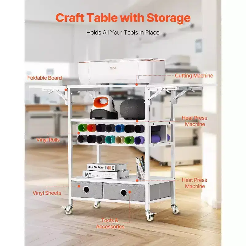 VIYET Rolling Craft Cart & Storage Table, Cricut Compatible, Foldable Sides, 14 Vinyl Roll Holders & 2 Drawers