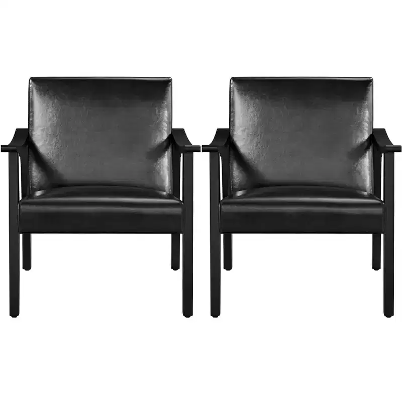 Yaheetech Set of 2 Mid-Century Modern Faux Leather Armchairs with Solid Wood Legs for Living Room, Bedroom, Guestroom