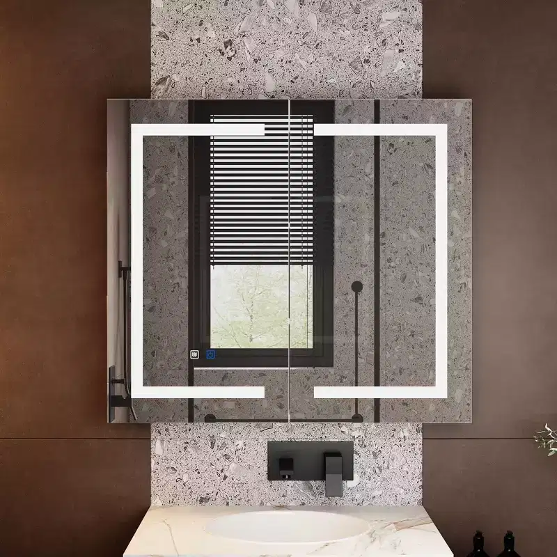Famapy White Anti-Fog Bathroom Medicine Cabinet with Lights and Two Mirror Doors