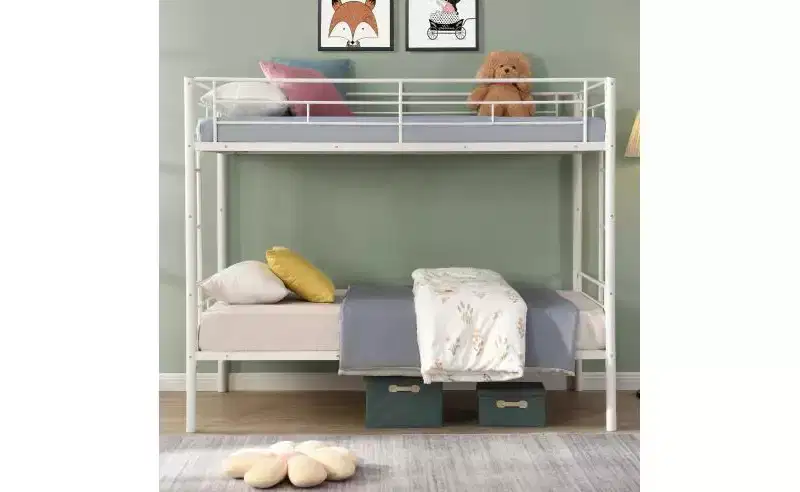 Twin Over Twin Bunk Bed with 2 Side Ladders & Full-Length Guardrail, White