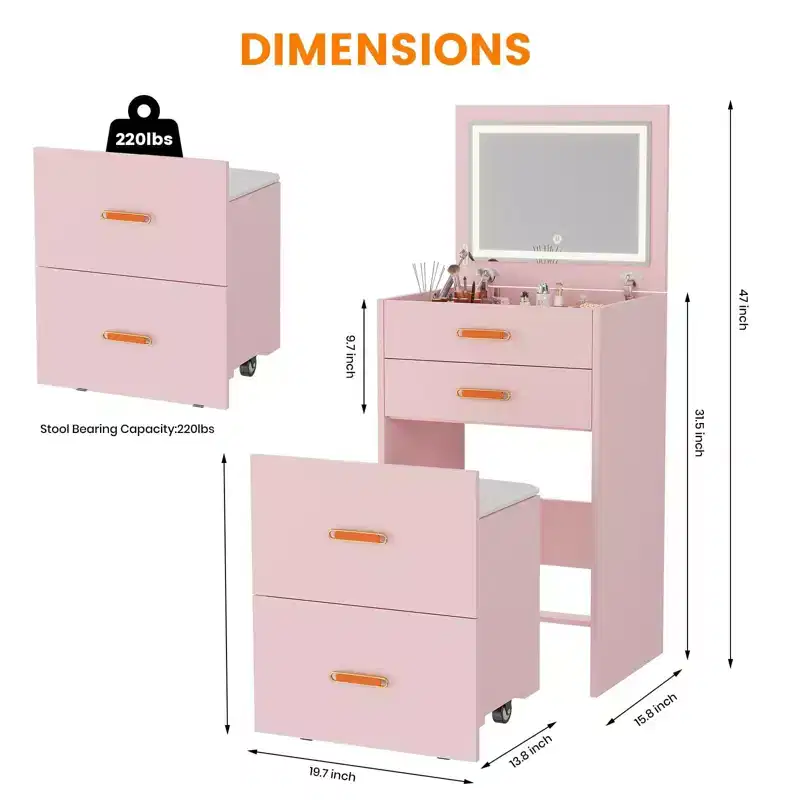 3-in-1 Vanity Set with Lights,Compact Makeup Table, Rolling Stool & Ample Storage, Perfect for Small Bedrooms,Apartments & Girls' Rooms