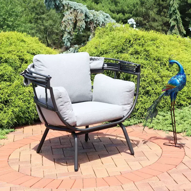 Sunnydaze Modern Luxury Patio Lounge Chair with Retractable Shade - Powder-Coated Aluminum Frame with Polyester Cushions and Canopy