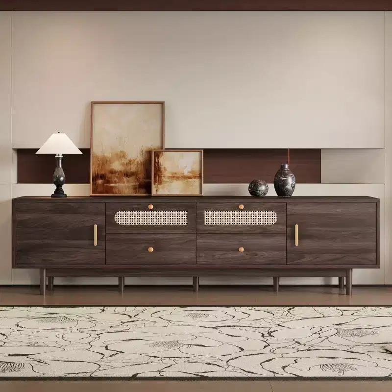 Modern 76 Wood TV Stand with Drawers and Rattan Storage Cabinet