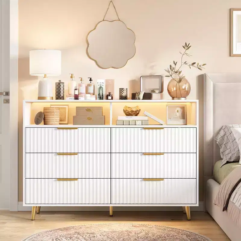 MDF 6-Drawer Dresser with LED Lights and Charging Station, 47.2