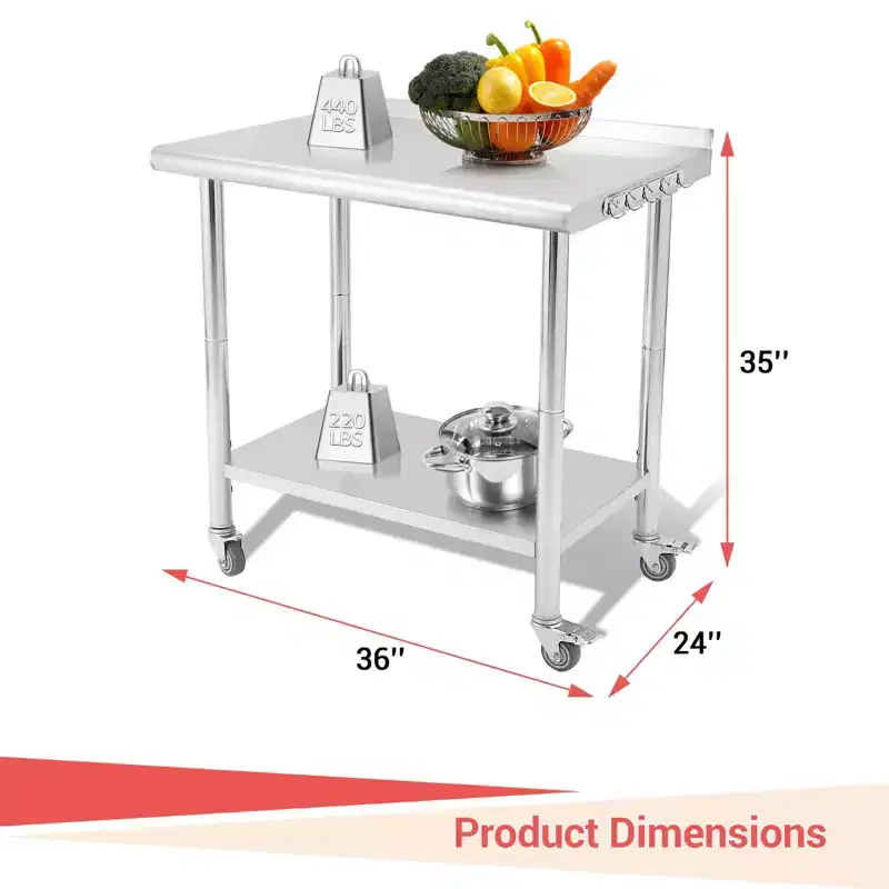 Stainless Steel Table, Heavy-Duty Metal Commercial Prep Table with Open Storage Racks for Restaurant Kitchens, Home, Hotels, Food Preparation