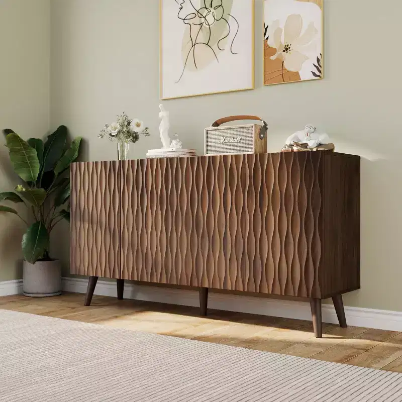 4-Door Accent Cabinet with Adjustable Shelves, 58-Inch Buffet Cabinet with Sculptural Wave Design