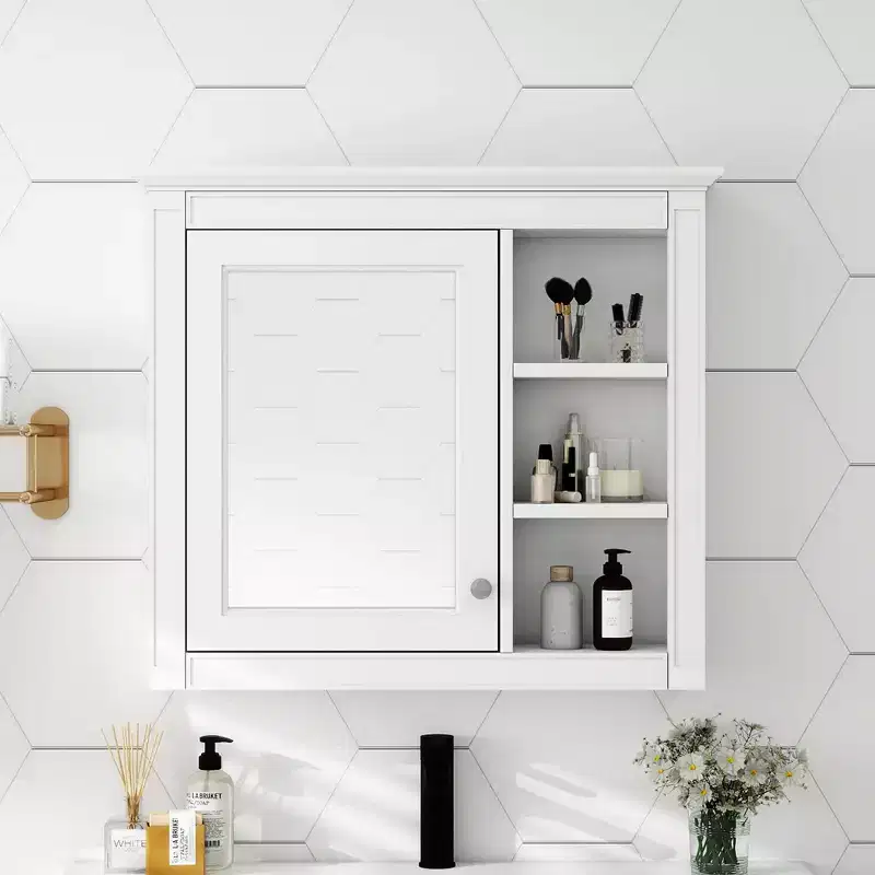28 in Medicine Cabinet, Wall Mounted Bathroom Storage Cabinet with Mirror, 3 Open Shelves, Modern White