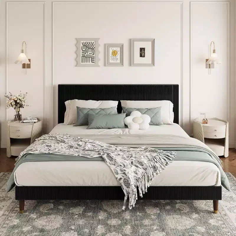 King Size Platform Bed Frame, Modern Twin Bed Frame with Upholstered Headboard and Strong Metal Slats Support, Easy Assembly