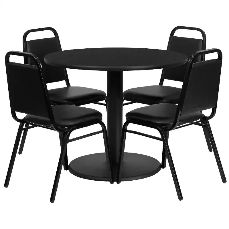Flash Furniture 36'' Round Laminate Table Set with Round Base and 4 Trapezoidal Back Banquet Chairs