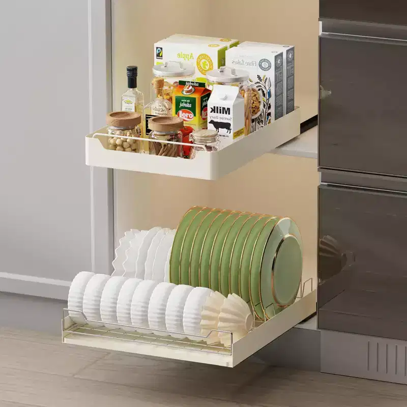 White Pull-Out Cabinet Organizer with Dish & Bowl Rack, 1-Drawer, Single Unit