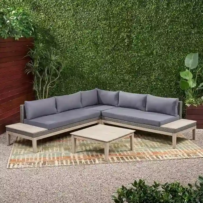 Outdoor Acacia Wood & Wicker 5-Seater Sectional Sofa Set