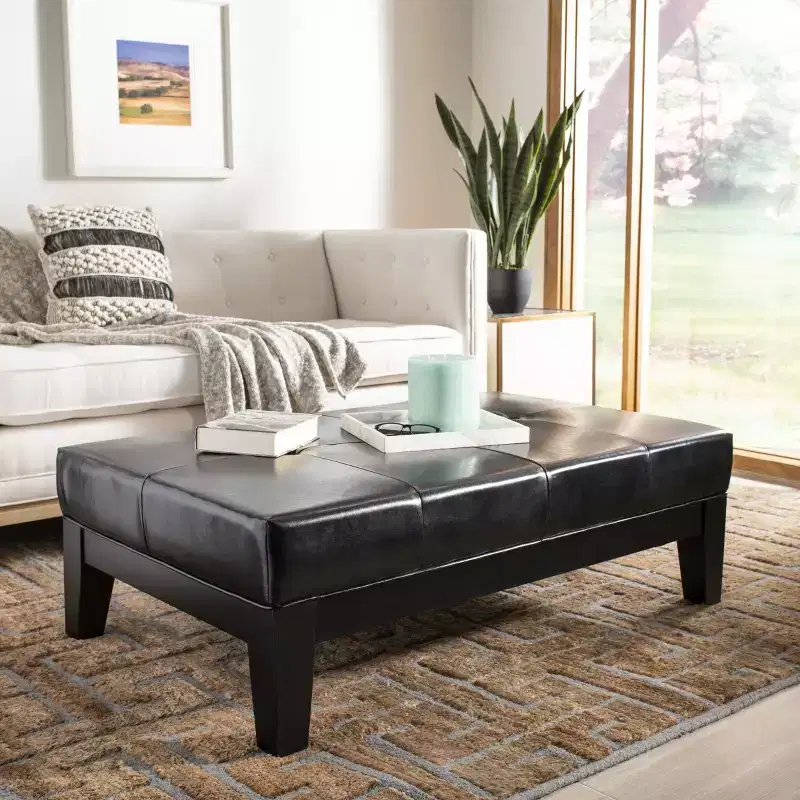 Rectangular Cocktail Ottoman with Tufted Bicast Leather Upholstery