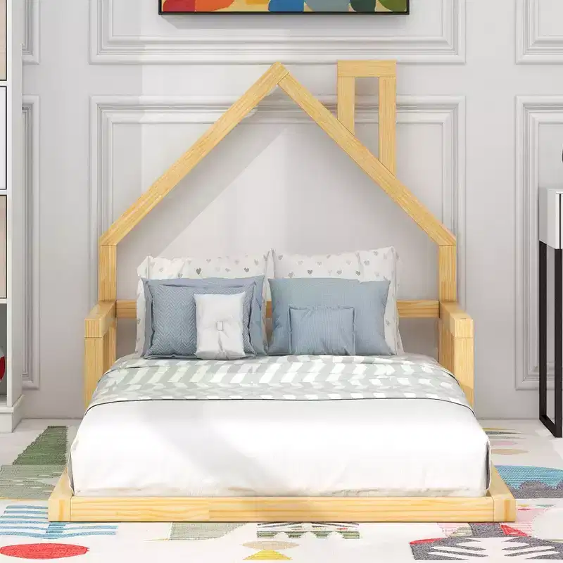 Whisen Modern Design Wood Floor Bed with House-shaped Headboard