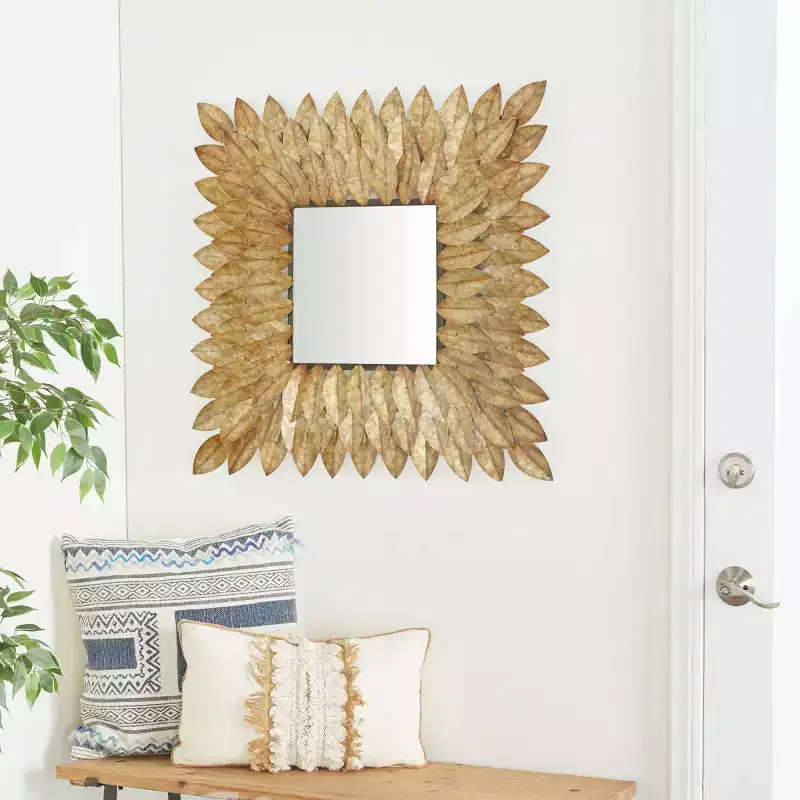 Metal Leaf Radial Wall Mirror Brown - Olivia & May: Rustic Square No Assembly Required