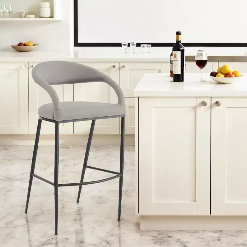 HomeRoots 30 Light Gray and Black Faux Leather and Iron Low Back Bar Height Bar Chair