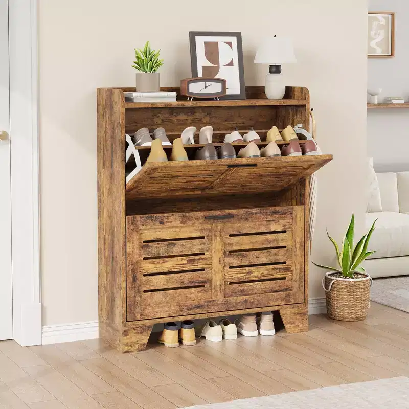 Shoe Cabinet, 2-Tier Flip Down Narrow Shoe Rack with Hooks, Farmhouse Slim Entryway Organizer for Small Spaces