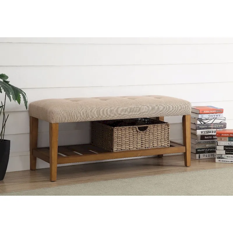 Button-Tufted Upholstered Bench with Slatted Shelf – Beige & Oak, Tapered Legs, 1-Person Seating