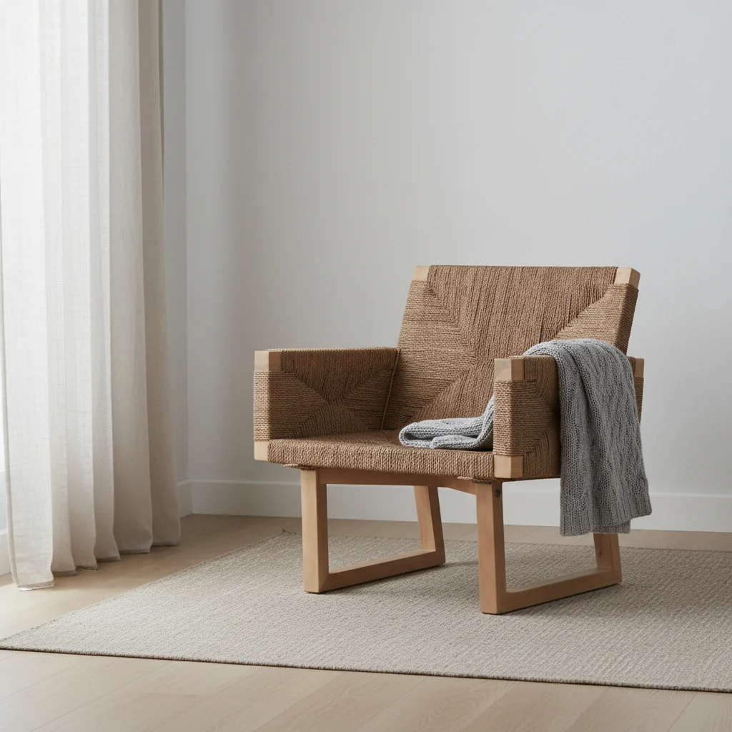 Rustic Seagrass Rope & Beechwood Lounge Chair with Natural Woven Texture for Living Room or Patio
