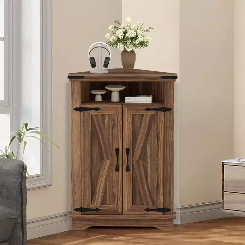 GustoWave Corner Bathroom Cabinet, Small Corner Cabinet with Barn Doors & Adjustable Shelf, Farmhouse Bathroom Table with Storage for Small Spaces