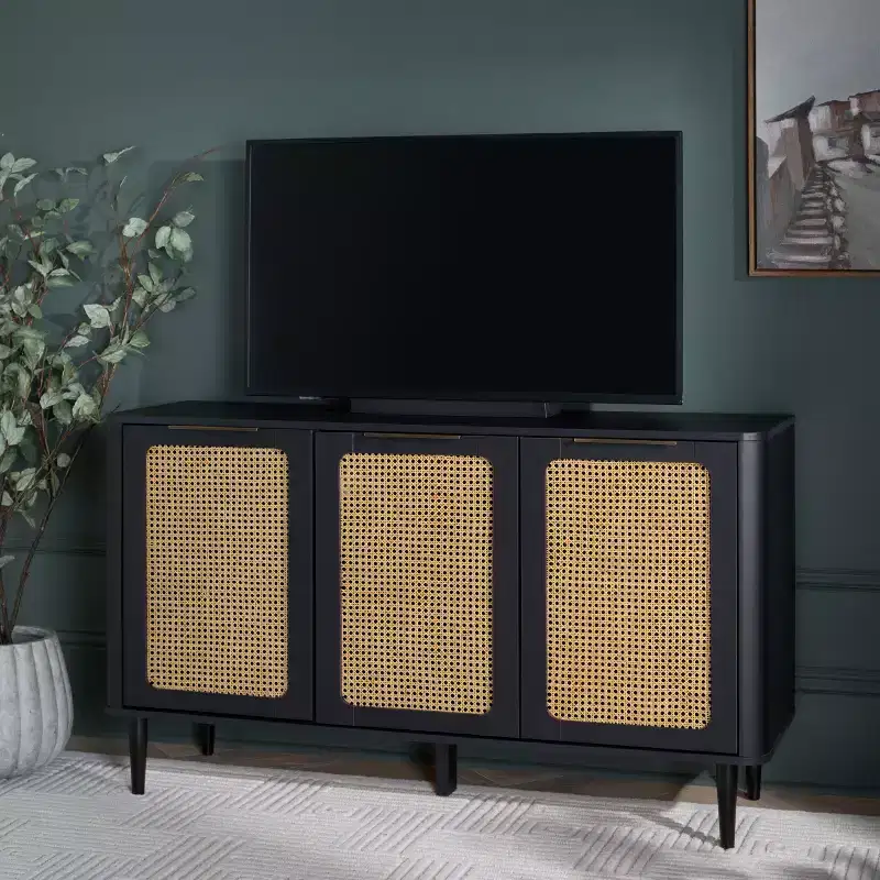 3-Door Walnut & Rattan Sideboard TV Stand with Cord Management, Fits 50