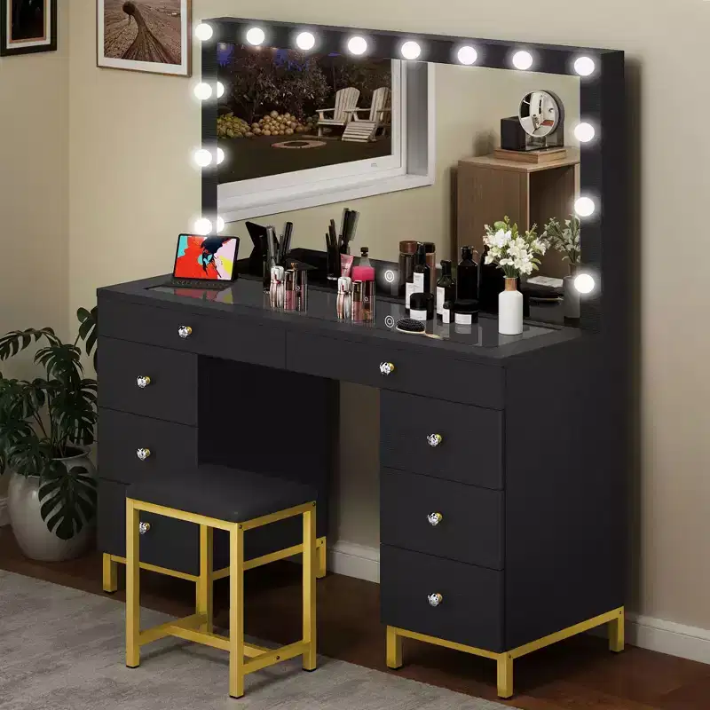 Vanity Desk With Large Lighted Mirror, 14 Lights Makeup Vanity Table With 8 Large Drawers & Charging Station, Makeup Vanity Desk